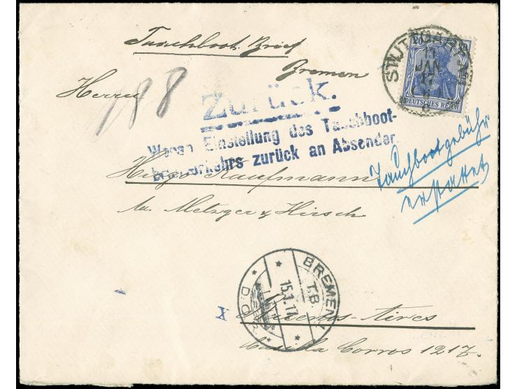 1905/13, Friedensdruck 20 Pfg. auf Tauchbootbrief nach Buenos Aires, mit Erstattungstempel und Zensurstempel "X"