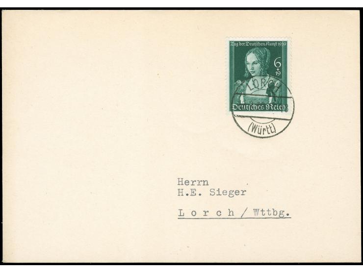 1939, Tag der Kunst 6 Pfg. mit Ersttagsstempel “LORCH 12.7.39” auf Karte an Sieger, Lorch