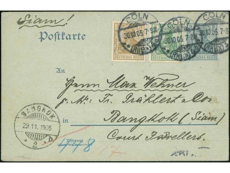 1905, Ganzsachenkarte 2 Pf grau mit Zusatzfrankatur 3 Pf braun und 5 Pf grün von CÖLN 30.10.05 nach Bangkok 2b mit Ankunftsst