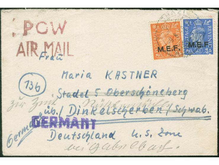 1948,  POW AIR MAIL: 2 p. and 2½ p. tied to air mail cover by BANGHAZI 9/8/1948, addressed to US Zone Germany, sent by a Germ