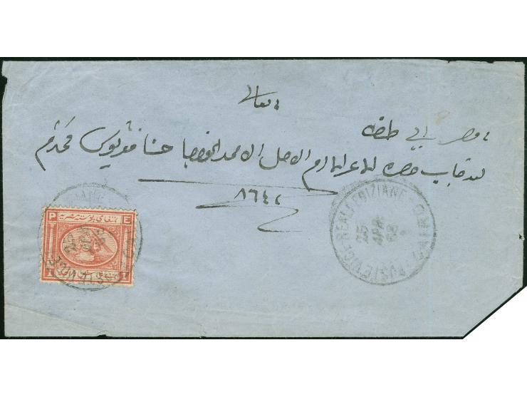 1868, 1 Piaster red, tied by "POSTE VICE-REALI EGIZIANE / CAIRO 25/APR/68" cds. on cover with arrival mark “POSTE VICE-REALI 