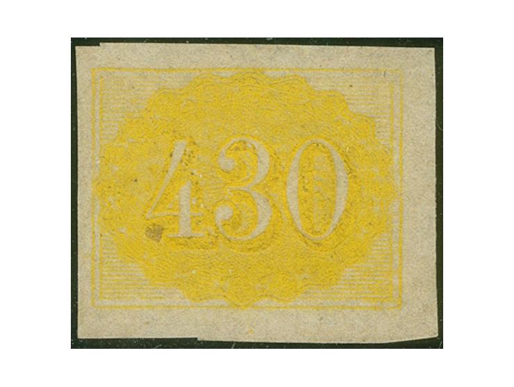 1861, 430 rs. yellow, bright colour, full margins, mint no gum, fine. (Scott 40)