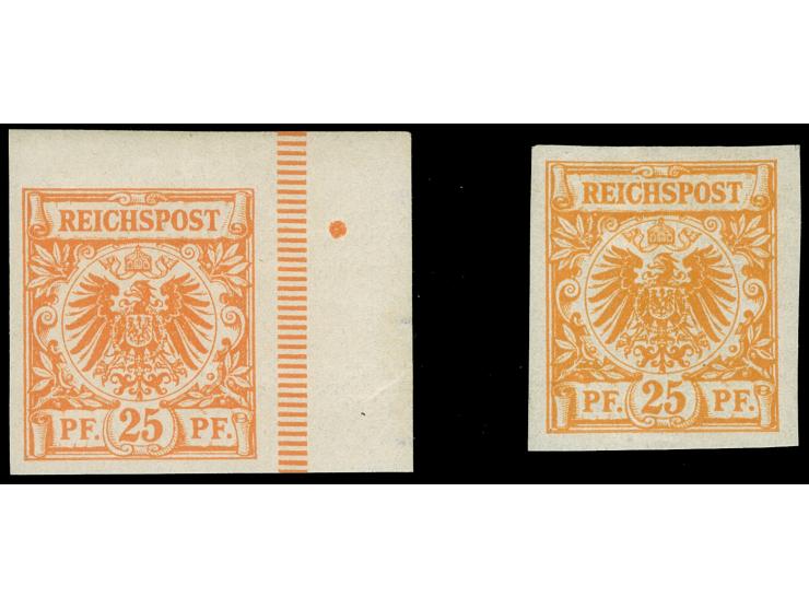 25 Pfg., ungezähnter Probedruck in gelblichorange und ungezähnter Neudruck in dunkelorange, letzterer aus der rechten oberen 