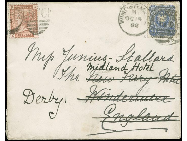 20 Pfg. ultramarin auf Briefkuvert von Berlin nach Windermere, England, hier neu frankiert mit 1 P. braun und mit Duplex "WIN