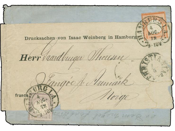 ¼ Gr. grauviolett und ½ Gr. zinnober, mit jeweils sauber aufgesetztem Hufeisenstempel "HAMBURG I. A. 4 AUG. 72" auf Drucksach