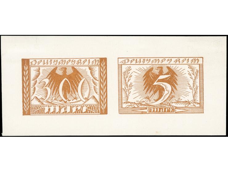 1920, Essay von Geiger für den amtlichen Wettbewerb, Zusammendruck 300 M. + &nbsp;5M. auf weißem Kreidepapier, ungezähnt. Aus