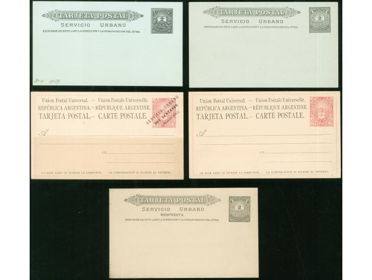 1878/1900, postal stationery: 15 postcards and 4 answering cards including 2+2 C green overprinted ‘Servicio Urbano’ unsepara