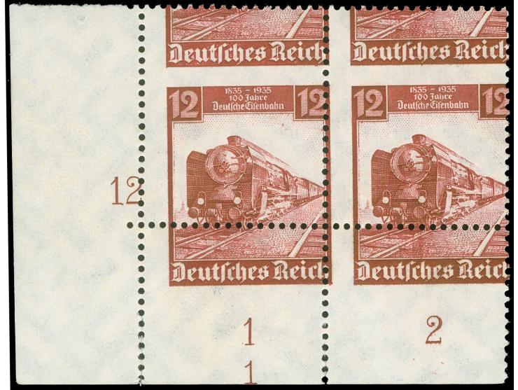 1935, 100 Jahre Deutsche Eisenbahn 12 Pfg. mit enorm starker Verzähnung, waagerechtes Paar aus der linken unteren Bogenecke, 