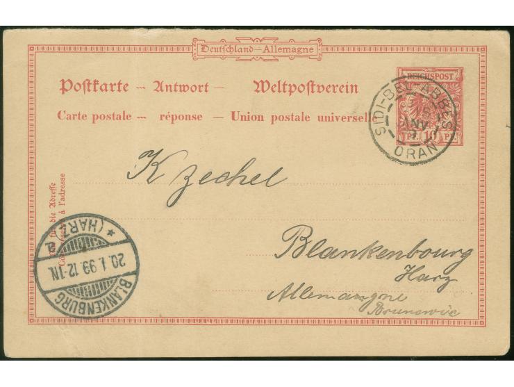 1899, Krone Adler Ganzsachenkarte 10 Pfennig Antwortteil retour aus Algerien, gestempelt in SIDI-BEL-ABBES ORAN 15/JANV/99, n