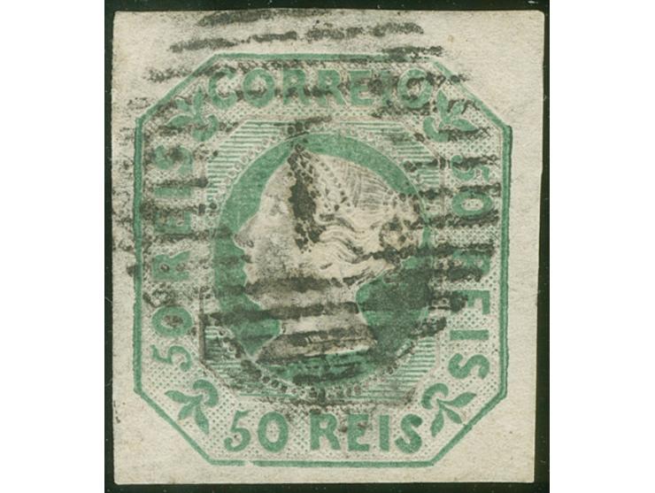 1853, Queen Maria II 50 r. green, good margins, clear cancelled numeral ‘1’, fine.

