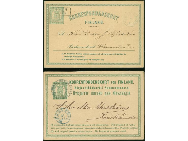 1872/74, 8 Pen. yellow-green, two postal stationery cards, first Type I: ‘... adressen ... förpligtad’, both used with clear 