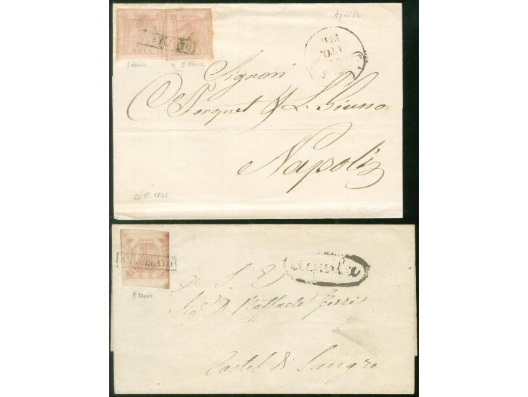 1858/59, two folded envelopes showing 2 gr. rate, one with single 2 gr. (plate III), from "AQUILA" 1858 to Castel di Sangro, 