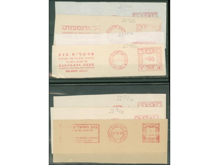 1951, postage meter proofs Haifa and Tel-Aviv, all with value ‘00’, seven different types showing advertising prints, fine.
