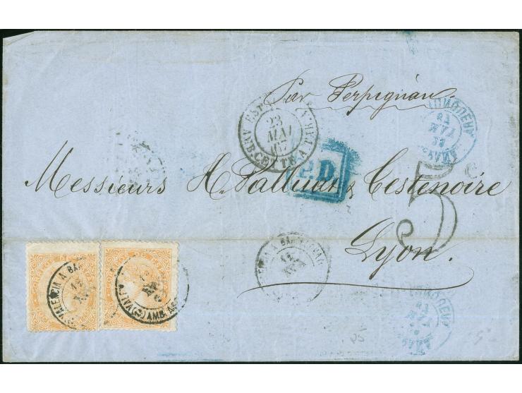 1867, Isabella two 12 c. orange tied to folded envelope by railway postmark ‘VALENCIA A BARCELONA’ to Lyon with transit and a