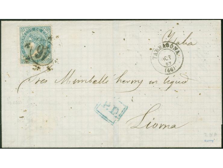 1869, Isabella 200 m. green tied by scarce numeral "46" to folded envelope from Tarragona to Livorno Italy with arrival mark 