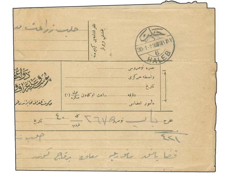 1911, "HALEB 6 - 30/1/11" (Coles-Walker Type C6) clear on telegraph, part red official label fold on reverse, form fold and l