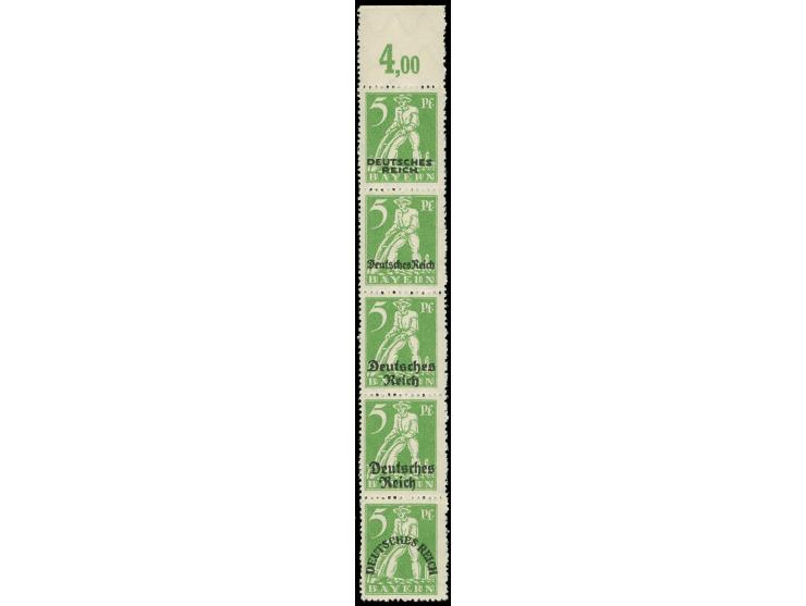 1920, Bayern Abschied Aufdruck-Essais "Deutsches Reich" auf 5 Pfg. im senkrechten Oberrand-5er-Streifen mit verschiedenen Auf
