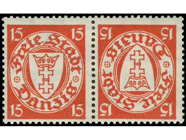1925, Wappen 15 Pfg. orangerot im Kehrdruckpaar, sauber ungebraucht, einwandfrei und frisch. (Mi. 500,-)