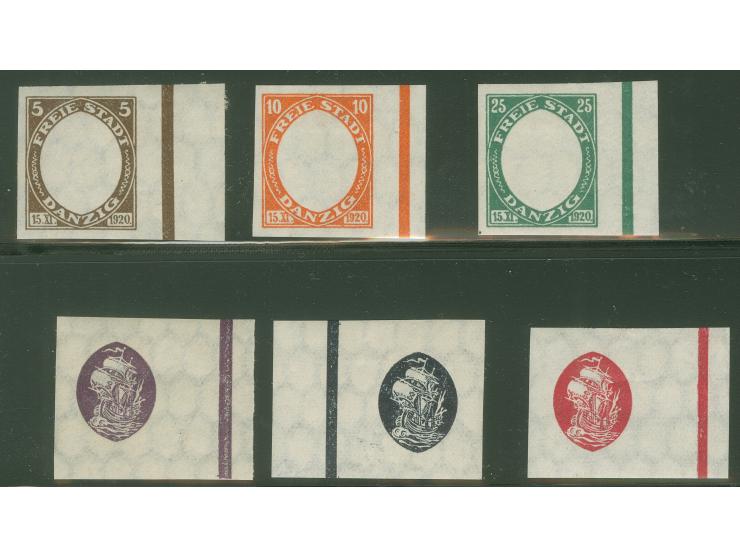 1921, Kogge 5-25 Pfg., ungezähnte Probedrucke der Rahmen und der Mittelstücke in den verausgabten Farben, ungebraucht