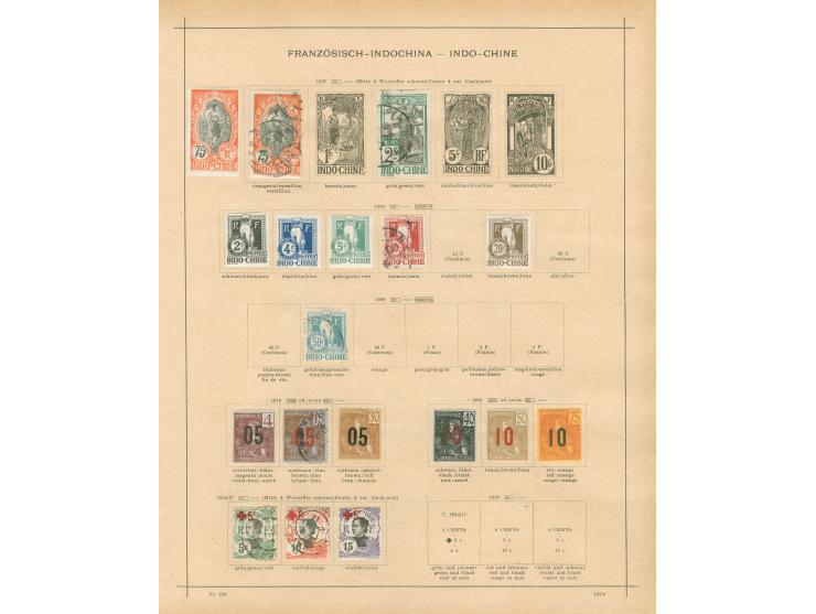1889/1931, collection on old album leaves, starting 1889 "INDO-CHINE 89/5/R D" black surcharge on 35 c. unused signed Schl., 