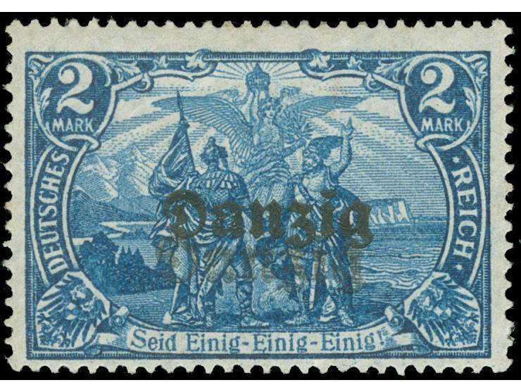 1920, 2 Mark dunkelkobaltblau mit doppeltem Aufdruck, dabei einer schwächer und ca. 5 mm nach unten verschoben, ungebraucht, 