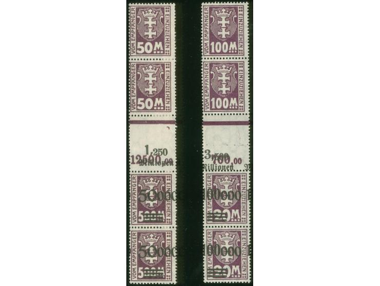 1923, 50 m. und 100 M. je im Zwischensteg-4er-Streifen mit Aufdruckausgabe 50000 auf 500 M. bzw. 100000 auf 20 M., ungebrauch