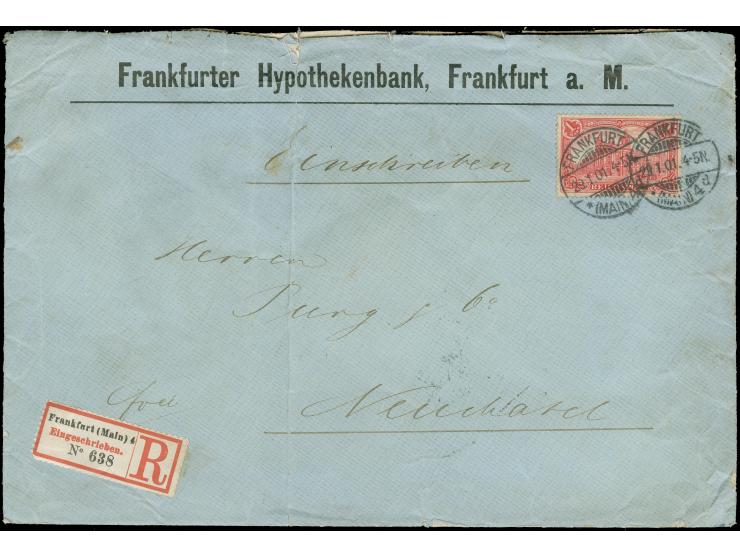 Reichspost 1 M. als portogerechte Einzelfrankatur auf Auslands-R-der 4.Gewichtsstufe von "FRANKFURT (MAIN) 29.1.01" nach Neuc