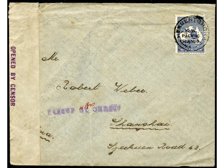 1915, N. W. PACIFIC ISLANDS: Kangaroo 2½ d. indigo (SGT6a, both SS normal) tied by HERBERTSHÖHE 4.8.15 cds. to cover with cen