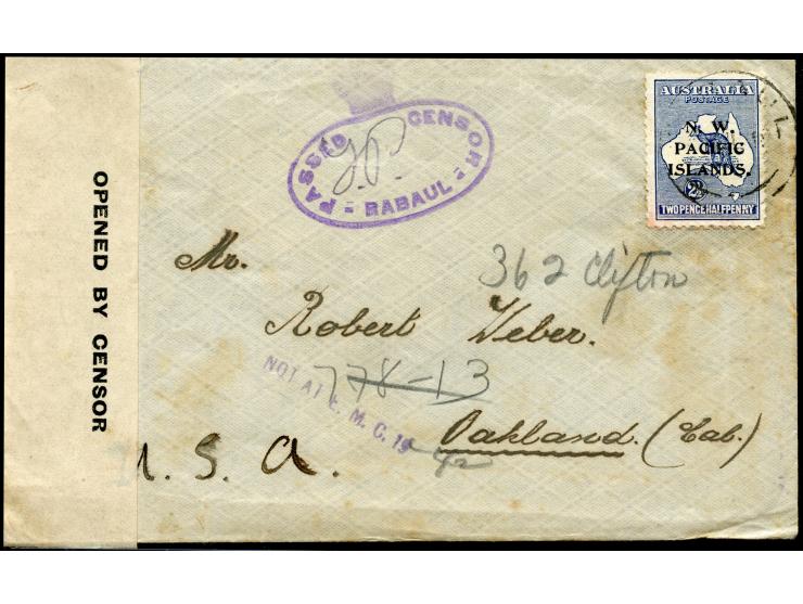 1915, N. W. PACIFIC ISLANDS: Kangaroo 2½ d. indigo (SGT6c, ‘SS’ large tail) tied by RABAUL cds. to cover with censor strip an