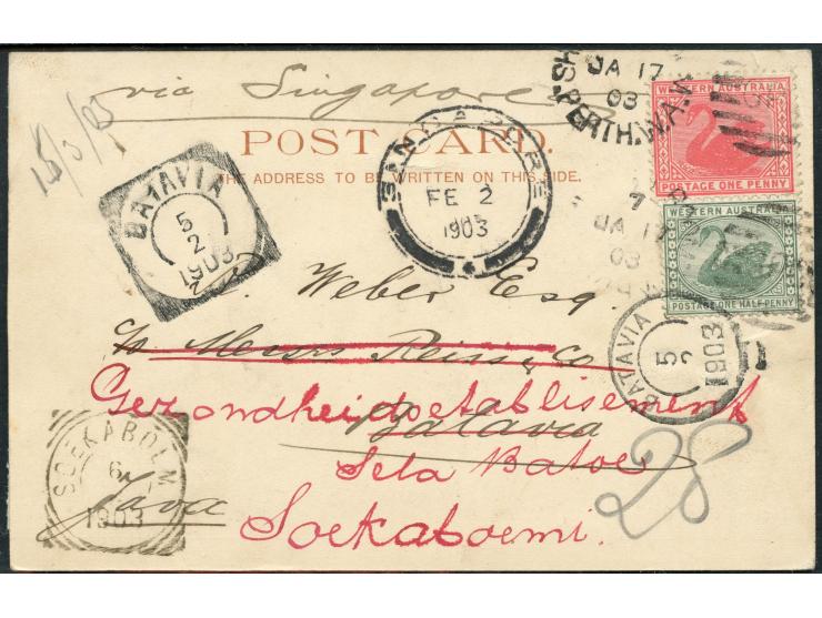 1903, ½ d. green and 1 d. carmine tied to postcard (General Post Office Perth) by PERTH WA JA/17/03 cds. via Singapore to Bat