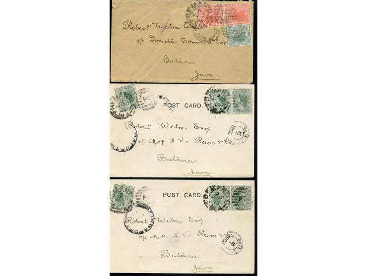 1903, two postcards and one cover bearing ½ d. green and 1 d. carmine tied by duplex 'FREEMANTLE WA PO' cds. via Singapore to