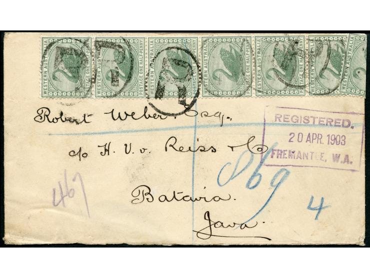 1903, 11 stamps ½ d. green tied to registered cover by large “R”, violet boxed 'REGISTERED FREEMANTLE 20 APR 1903 WA' ds. alo