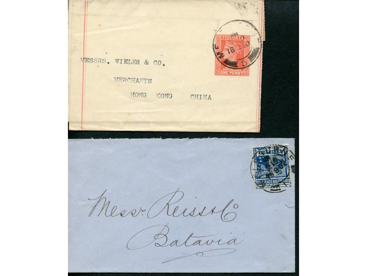 1901/02, three postal stationery wrapper and one envelope, two to Batavia Java and two to Hong Kong, clear cancellations Melb