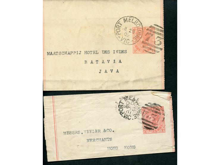 1901/02, three postal stationery wrapper and one envelope, two to Batavia Java and two to Hong Kong, clear cancellations Melb