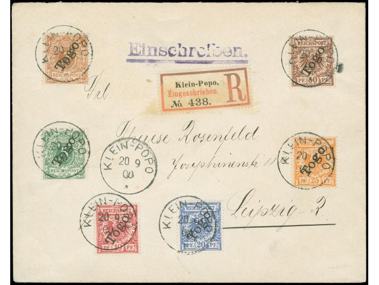 1897/99, 3 Pfg. - 50 Pfg. mit sauberen Stempeln "KLEIN-POPO 20 9 00" auf philatelistischem R-Brief nach Leipzig, mit Ausgabes
