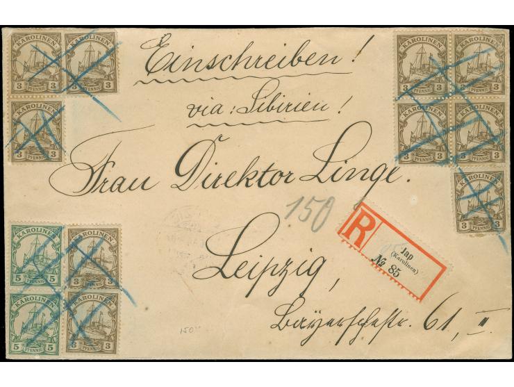 1900, 3 Pfg. (10) und 5 Pfg. (2) mit Blaustift-Entwertung auf etwas größerformatigem R-Brief mit Vermerk "via Sibirien" nach 