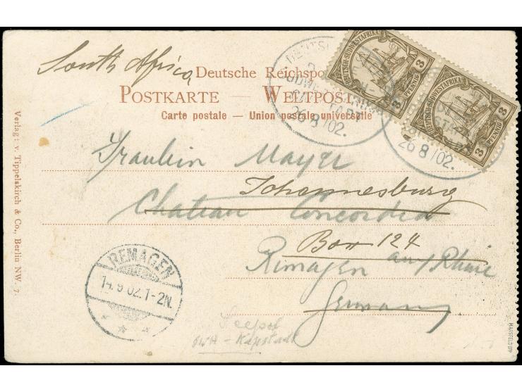 "DSP LINIE DEUTSCH-SÜDWESTAFRIKA CAPSTADT 26 8/0 2", zwei Abschläge auf senkrechtem Paar 1900, 3 Pfg. (teils um den Rand gekl