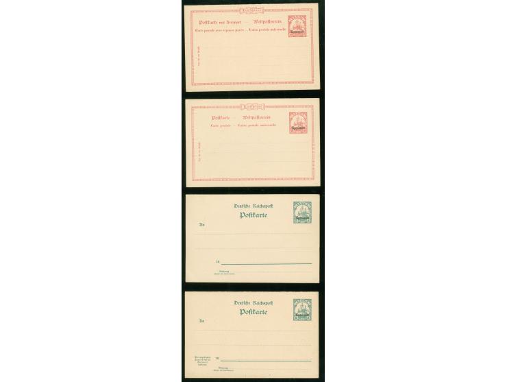 1901, 5 Pfg. und 10 Pfg., Einzel- und Doppelkarten je mit Aufdruck "Specimen", die Einzelkarten je kleiner Eckbug, sonst fris