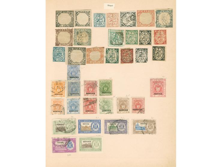 1878/1930, &nbsp;Bhopal, Bamra and Alwar, collection on two old time album leaves, mainly used, clear cancellations, paper an
