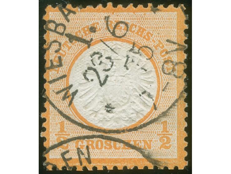 “WIESBADEN 1. ** 23.6.75” klarer Teilabschlag auf großer Schild ½ Gr. orange. Die farbfrische Marke ist gut geprägt, gut gezä