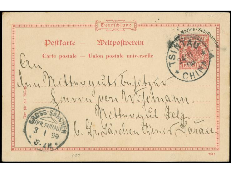 1897, Karte 'Nur für Marine-Schiffsposten' 10 Pfg. mit Stempel "TSINTAU CHINA 24/11 98" nach Gross-Särchen, mit Ankunftsstemp