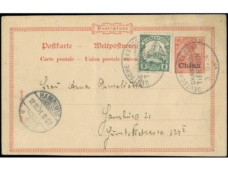 "DSP SHANGHAI-TIENTSIN a 3/10.04" auf Ganzsachenkarte 1901, 10 Pfg. mit (unnötiger) Zufrankatur Kiautschou 5 Pfg., bedarfsgeb