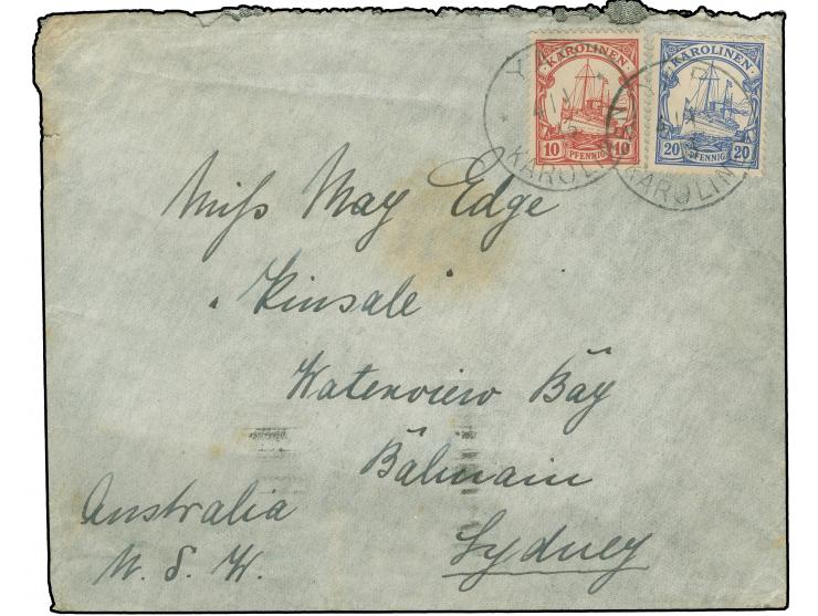 1900, Kaiseryacht 10 Pfg. und 20 Pfg. mit Stempel "YAP4/1 13" auf Bedarfsbrief nach Sydney, Australien mit Maschinen-Ankunfts