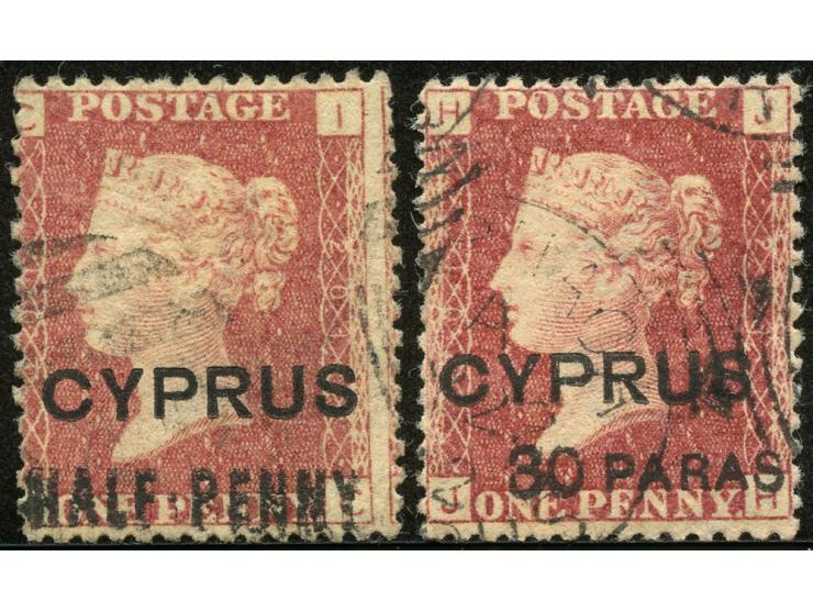 1880, QV 1 d. red overprinted Halfpenny (16,5mm.) and 30 pa. on 1 d. red, both used and plate 201, fine pair.
