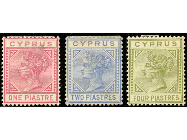 1880, QV 1 pia. rose, 2 pia. blue and 4 pia. pale olive-green, all unused, tiny gum faults, fine, all signed.
