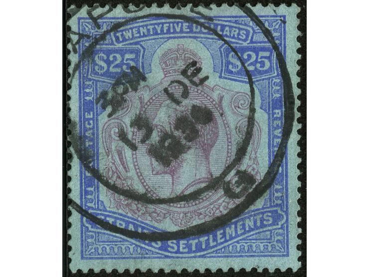 1906, $25 purple and blue on blue, postally used with ´Singapore/G´ double-ring d.s., good perforation and centering, fine.
