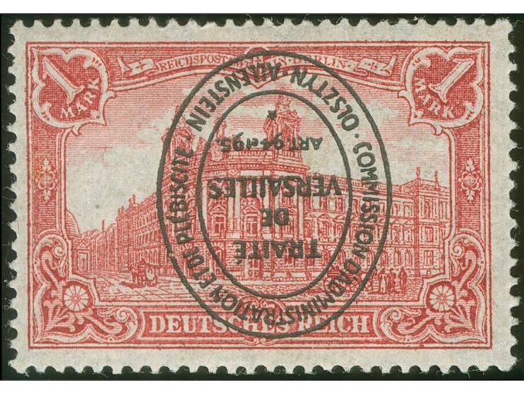 1920, Aufdruckausgabe im Hochoval 1 M. kopfstehender Aufdruck, postfrisch, tadellos, eine seltene Marke dieses Abstimmungsgeb