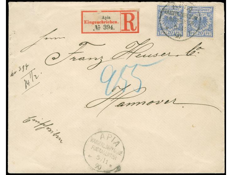 1899, Krone/Adler 20 Pfg. mittelultramarin, im waagerechten Paar auf R-Fernbrief von “APIA / KAISERL. DEUTSCHE / POSTAGENTUR 