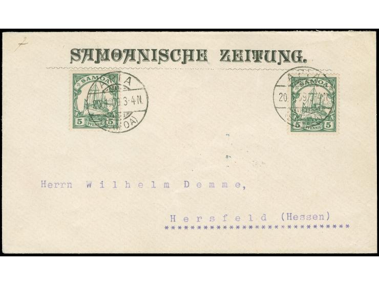 1900, Kaiseryacht 5 Pfg., zwei Einzelwerte, auf portogerechtem Brief von “APIA (SAMOA) 20.1.09” mit Vordruck “SAMOANISCHE ZEI