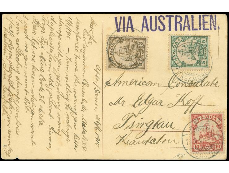 1900, Kaiseryacht 3 Pfg., 5 Pfg. und 10 Pfg., auf Ansichtskarte von “APIA / SAMOA / 27.6.01” mit Vermerk “via AUSTRALIEN.” na